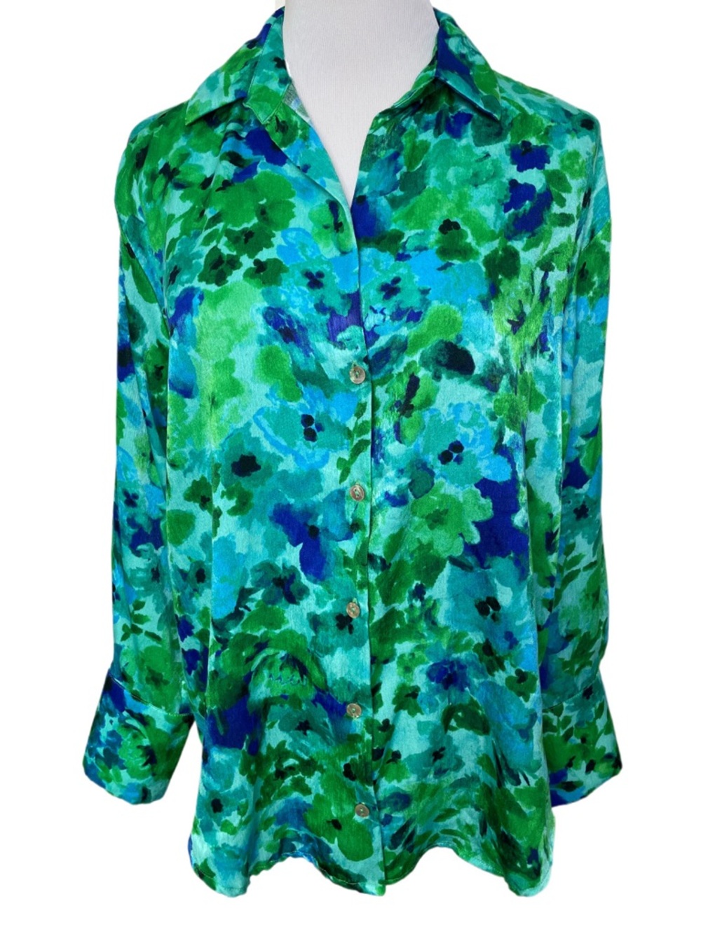 Zara Blue and Green Floral 3/4 Sleeve Button Down V-Neck Collared Shirt